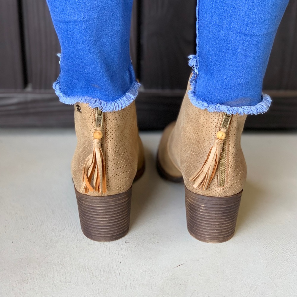 Tan Perforated Western Boho Chic Ankle Bootie - Picture 4 of 8